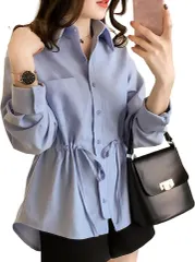 emu's more(エムズ モア) 上着 レディース 羽織りシャツ 立ち襟シャツ 襟付きカットソー (ブルー,  2XL)