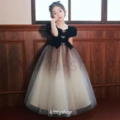 子供ドレス ブラック 誕生日 ピアノ発表会ドレス 黒 パフスリーブ 可愛い ドレス 半袖 ちょう結び グラデーション入園式 卒園