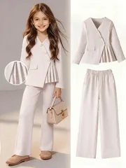 女の子 スーツ パンツ 未使用 スーツ 入学式 卒業式 上下セット パンツスーツ キッズスーツ 女の子 子供服 セットアップ プリーツ ジャケット ウエストゴム パンツ 2点セット 卒服 卒園式 結婚式 発表会 七五三 フォーマル スーツ shihan02