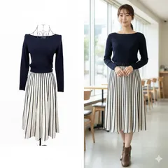 極美品✨ ジャスグリッティー ニット フレア プリーツ ロング ワンピース ネイビー Aライン レーヨン混 フォーマル 上品 高級感