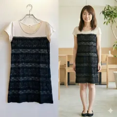 美品✨ ナチュラルビューティーベーシック NATURAL BEAUTY BASIC Tシャツ カットソー ワンピース レディース Mサイズ ストレート Aライン ひざ上丈 レース 異素材 切り替え ドッキング レイヤード 綿混 きれいめ フェミニン ガーリー