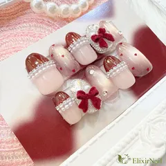 【現品】ネイルチップ　バレンタイン　赤　ハート　リボン