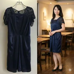 美品✨ コレクトポイント COLLEC POINT ワンピース ドレス ネイビー 紺 半袖 シフォン シースルー ドット 水玉 ウエストタック ひざ丈 きれいめ フェミニン 上品 パーティー フォーマル 結婚式 二次会 春 夏 レディース Sサイズ