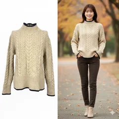 極美品✨ ミラオーウェン ケーブル ニット ベージュ ケーブル ハイネック ウール混 上品 羊毛