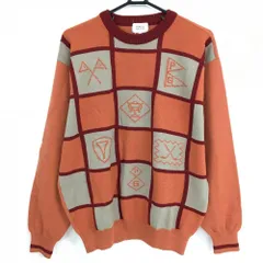 【美品】パーリーゲイツ セーター オレンジ×レッド 前身頃格子チェック ウール100％ ニット  メンズ L ゴルフウェア PEARLY GATES