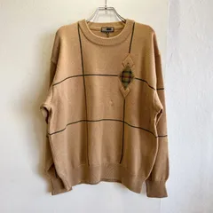 良品⭐️ ダックス DAKS ニット セーター クルーネック 毛 100 ウール 100 vintage ヴィンテージ レトロ 古着 長袖 大きめ オーバーサイズ ゆったり ゆるダボ ワッペン アップリケ チェック柄 幾何学柄 ワンポイント 厚手のサムネイル