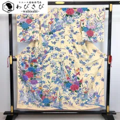 訪問着 鮮やかな四季の花柄模様 型染 縮緬 麹色 K-3344