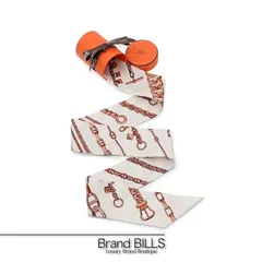 美品 HERMES エルメス ツイリー リボンスカーフ シェーヌ・エ・グルメット 062497S シルク ブラン ホワイト ブラウン系 レディース