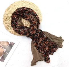 【ライトブラウン】ストール レディース 大判 シワ加工 配色 配色デザイン 薄手 春夏 秋 首元 日よけ 冷房対策 日差し対策