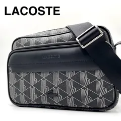未使用級✨LACOSTE ラコステ　ザ ブレンド グレインテクスチャーショルダーバッグ　メタルプレート エンボスロゴ PVC 幾何学模様 総柄 ブラック 黒　即完品　人気