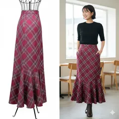 極美品✨ ヘザー チェック柄 ロング マーメイド スカート レッド 希少デザイン 上品