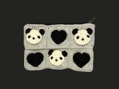 【a2◯編み物】グラニースクエア　パンダ×ハート　モチーフ　ペンケース　ポーチ