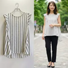 美品✨ ロペピクニック ROPE' PICNIC ブラウス レディース 小さめ ノーカラー ストライプ フレア バックボタン フレンチスリーブ きれいめ 上品 大人カジュアル シンプル 通勤 コーデ 白 ホワイト 黒 ブラック
