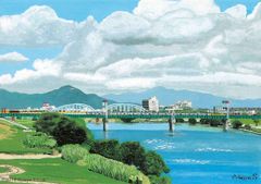 水彩画 ジクレー版画「西鉄電車とコスモス」（久留米市） - メルカリ