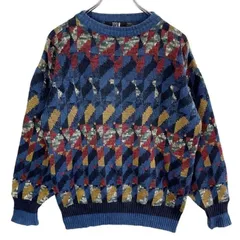 USA製TSRニットセーターアクリルコットン好配色マルチカラー幾何学模様ジオメトリック紺ネイビー青ブルー白ホワイト臙脂バーガンディベージュゆるダボY2Kレトログランパコアvintageヴィンテージ51121