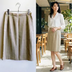 美品✨ ダックス Daks スカート タイト 巻きスカート風 ひざ丈 ライトグリーン ベージュ グレー チェック柄 ウール混 毛混 日本製 裏地あり きれいめ 上品 大人カジュアル オフィスカジュアル 通勤 ベーシック 秋冬 レディース Lサイズ相当