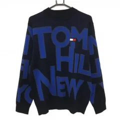 【美品】トミーヒルフィガー セーター ネイビー×ブルー ロゴ総柄 ニット メンズ LL ゴルフウェア Tommy Hilfiger Golf