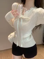 秋レディース スリムフィット V ネックニット リブ柄リボンベルト プルオーバーロングスリーブ インナー用高弾性