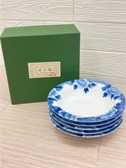 【未使用】有田焼 深川製磁 藍ぼたん 深皿 5客揃　青い花柄 陶器製皿　食器