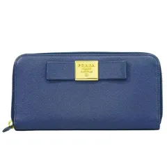 本物 プラダ PRADA リボン サフィアーノ レザー ラウンドファスナー 長財布 ロングウォレット ネイビー Saffiano 財布 ウォレット 中古・