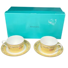 【管2601-75】TIFFANY&Co. ティファニー Pink Tulip ピンクチューリップ ティーカップ＆ソーサー 2点セット イエロー 食器 中古品