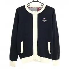 キャロウェイ ノーカラーニットジャケット ネイビー×白 ロゴ刺しゅう ウール混  レディース LL ゴルフウェア Callaway