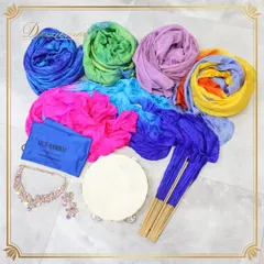 ベリーダンス 小物 まとめ売り 全8点 セット ファンベール ベール タンバリン ネックレス ピアス 小道具 青 黄 緑 グラデーション 楽器 練習 レッスン アクセサリー 民族舞踏 鮮やか ブルー系 パープル系 ピンク系 イエロー系 グリーン系