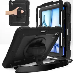 新品 MS factory iPad Air 11インチ ケース M3 (2025) M2 (2024) 用 耐衝撃 保護フィルム付き ペン収納 アイパッドエアー カバー キッズ 頑丈 ショルダー ハンドストラップ 360°回転 スタンド ブラック 黒 IPD