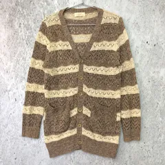 w closet ダブルクローゼット 透かし編み ボーダー ニット カーディガン アイボリー / ブラウン Fサイズ 〇◇