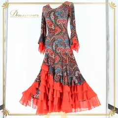 フラメンコ 衣装 ワンピース ドレス トップス 赤 黒 ペイズリー レース ダンス 柄 模様 伸縮 パーティ 発表会 舞台 ブラック系 レッド系 ボリュームアップ 華やか デザイン イベント 舞台衣装 コスチュームレディース 服装