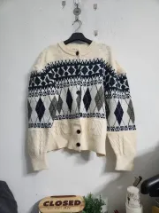 アイボリー アーガイル ニット カーディガン