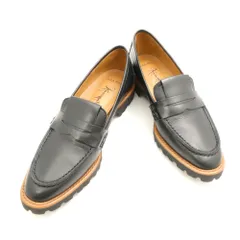 美品 銀座かねまつ AQUA BELL アクアベル ローファー 24cm 革靴 レザーシューズ 黒 茶 レディース AU3717 