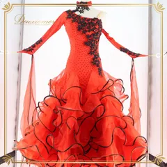 社交ダンス 衣装 スタンダードドレス ワンピース ドレス スタンダード フロート 赤 黒 デモ 競技 VeRTigo フリル レース ブラック系 レッド系 競技用ドレス ダンス衣装 フロートデザイン 華やか パーティー 衣装フリル おしゃれ ステージ衣装