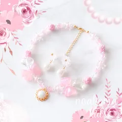 little princess＊ Rose pink ♡ キッズイヤリング キッズネックレス セット キッズアクセサリー プレゼント 女の子 誕生日 贈り物 ローズ 薔薇 リボン ピンク 姫 noakoma kids
