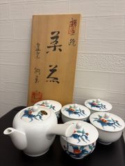 Y37-2/呉福 作/染錦柘榴梅菊画 蓋物丼5客/共箱/蓋付茶碗/懐石道具