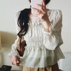 (海外配送)シャーリング ブラウス 長袖 フリル シャツ