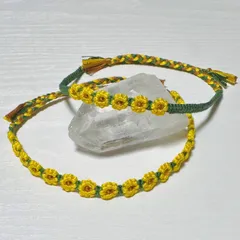 イエロー ひまわり お花 ミサンガ  (2本セット)シックなグリーン使用