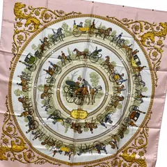 エルメス カレ90 LA PROMENADE DE LONGCHAMPS シルクスカーフ ロンシャンへの散歩 馬車 ピンク HERMES AC0163