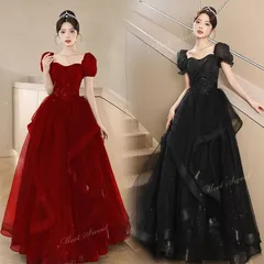 カラードレス ブラック ワインレッド パフスリーブ 前撮り 二次会 ウェディングドレス ウエディングドレスドレス 演奏会 結婚式 音楽会 発