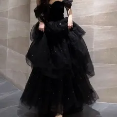 【新品未使用】2025新作 高品質ウエディングドレス Aライン 前撮り 半袖 ドレス ブラック パフスリーブ 袖 ボリューム オフショル 結婚式 