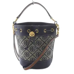 トリーバーチ TORY BURCH Tモノグラム ジャカード ミニ バケットバッグ ハンドバッグ ワンハンドル ショルダーバッグ 2way 斜め掛け 巾着 ネイビー /YO19