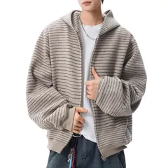 【新品未使用】パーカー メンズ カーディガン ニット 春秋 長袖 スウェット ジップアップ ストライプ柄 フード付き カジュアル ゆったり おしゃれ