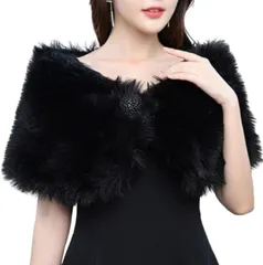 Aseren ファー ショール ストール パーティー 二次会 振袖 成人式 結婚式 ケープ フェイク ボレロ (ブラック)