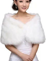 Aseren ファー ショール ストール パーティー 二次会 振袖 成人式 結婚式 ケープ フェイク ボレロ (ホワイト)