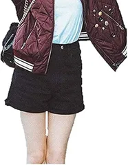 Rodrry Meche　ロドリーミシェ デニム ショート パンツ ロールアップ 脚長 シルエット 着回し 短い ジーンズ 韓国風 レディース ハーフ 女性 丈短い レディス ジーパン 女の子 春 夏 秋 春夏 春秋 (ブラック,  XL)