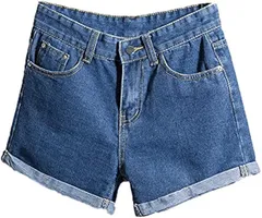 Rodrry Meche　ロドリーミシェ デニム ショート パンツ ロールアップ 脚長 シルエット 着回し 短い ジーンズ 韓国風 レディース ハーフ 女性 丈短い レディス ジーパン 女の子 春 夏 秋 春夏 春秋 (ブルー,  L)