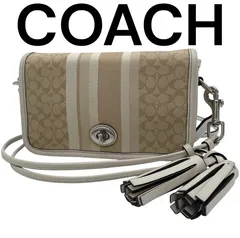 COACH　コーチ　ショルダーバッグ　シグネチャー　19919　フリンジ　シルバー金具　ターンロック　白　ホワイト　ベージュ　茶　ブラウン　ミニショルダーバッグ　肩掛け　斜め掛け