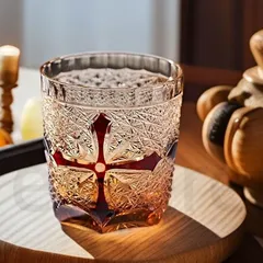 江戸切子 手彫り 水晶ガラス コップ 250ml 木箱入 ウイスキー タンブラー ギフト 贈答品 十字架レッド