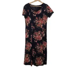 LAURAASHLEY(ローラアシュレイ) ワンピース サイズ13 L レディース - ダークネイビー×ライトブラウン×ピンク 半袖/ロング/花柄