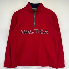 古着 ノーティカ NAUTICA スウェット ハーフジップ トレーナー ビックロゴ刺繍 プルオーバー M  レッド メンズ